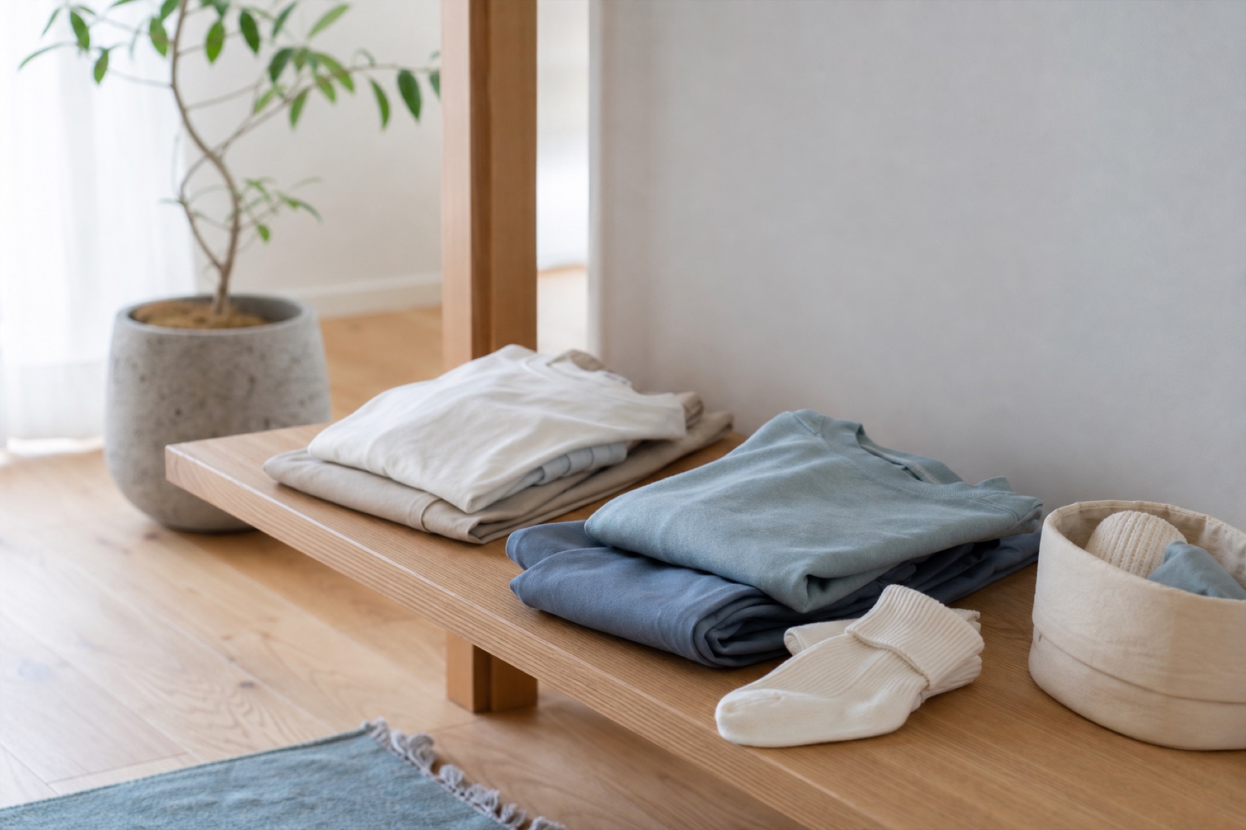 木のベンチに二組の子ども服と靴下を準備した朝の支度