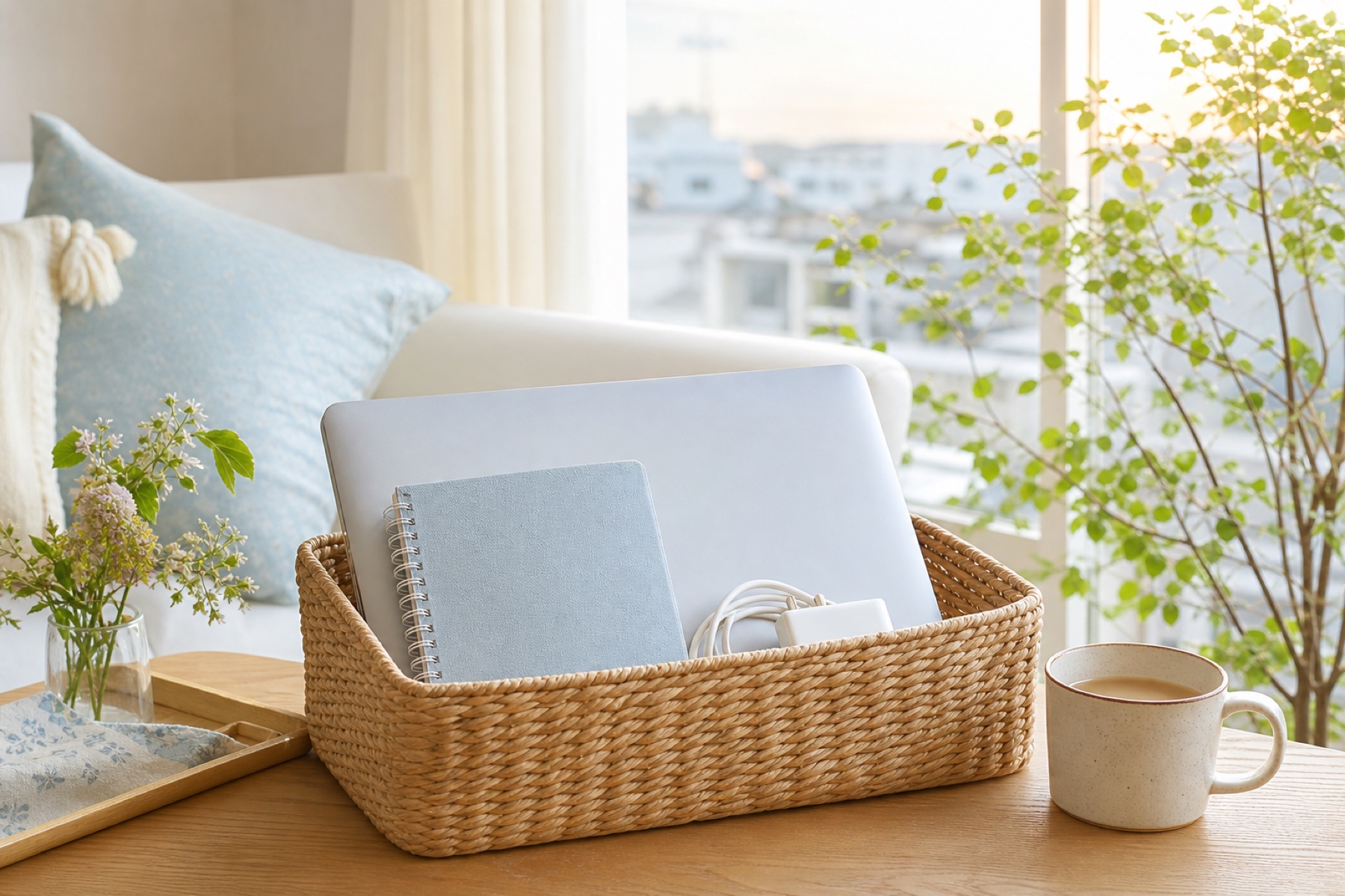 ノートパソコンと手帳と充電器をまとめた仕事用のかご