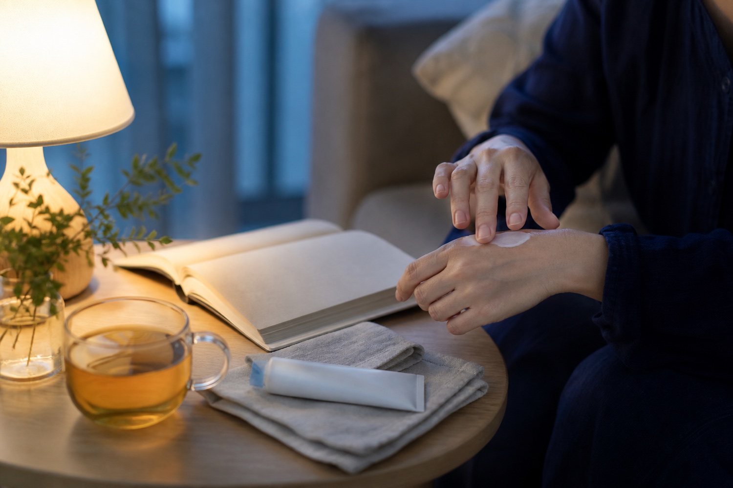 夜にお茶と読書とハンドクリームを楽しむ手元