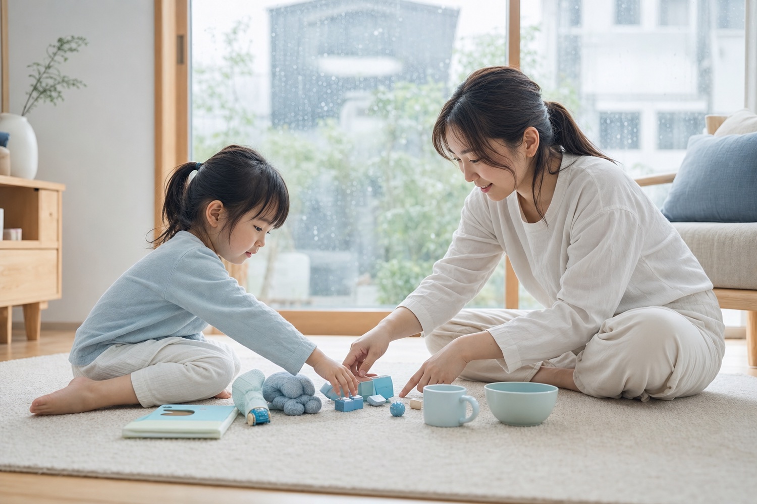 雨の日に青いものを集めて遊ぶ親子
