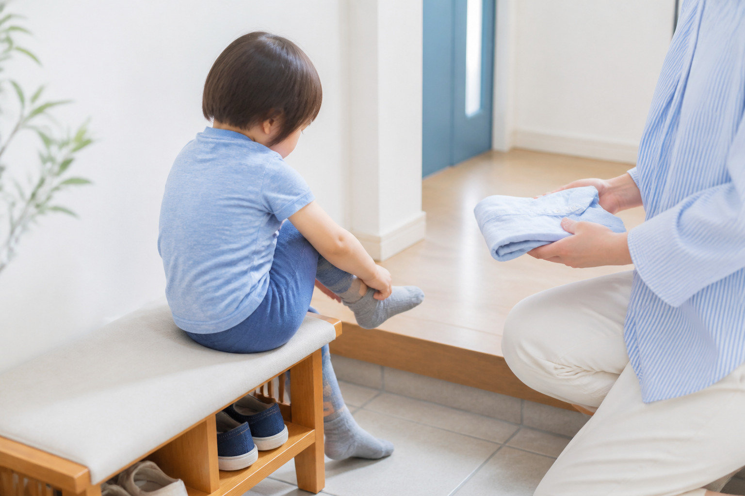 朝の玄関で靴下を履く子ども