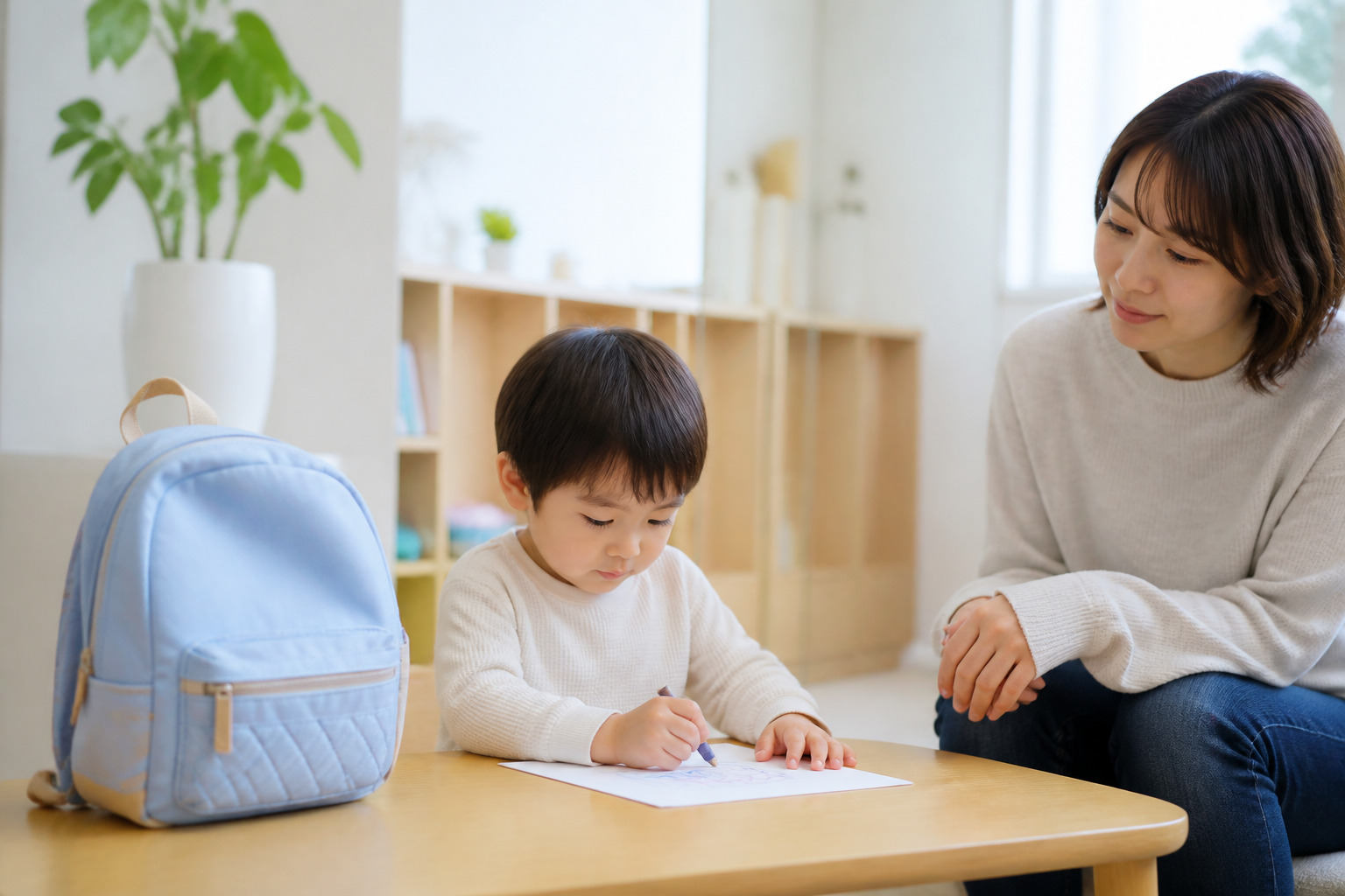保育園の出来事を話すのを待つ親子と園バッグ