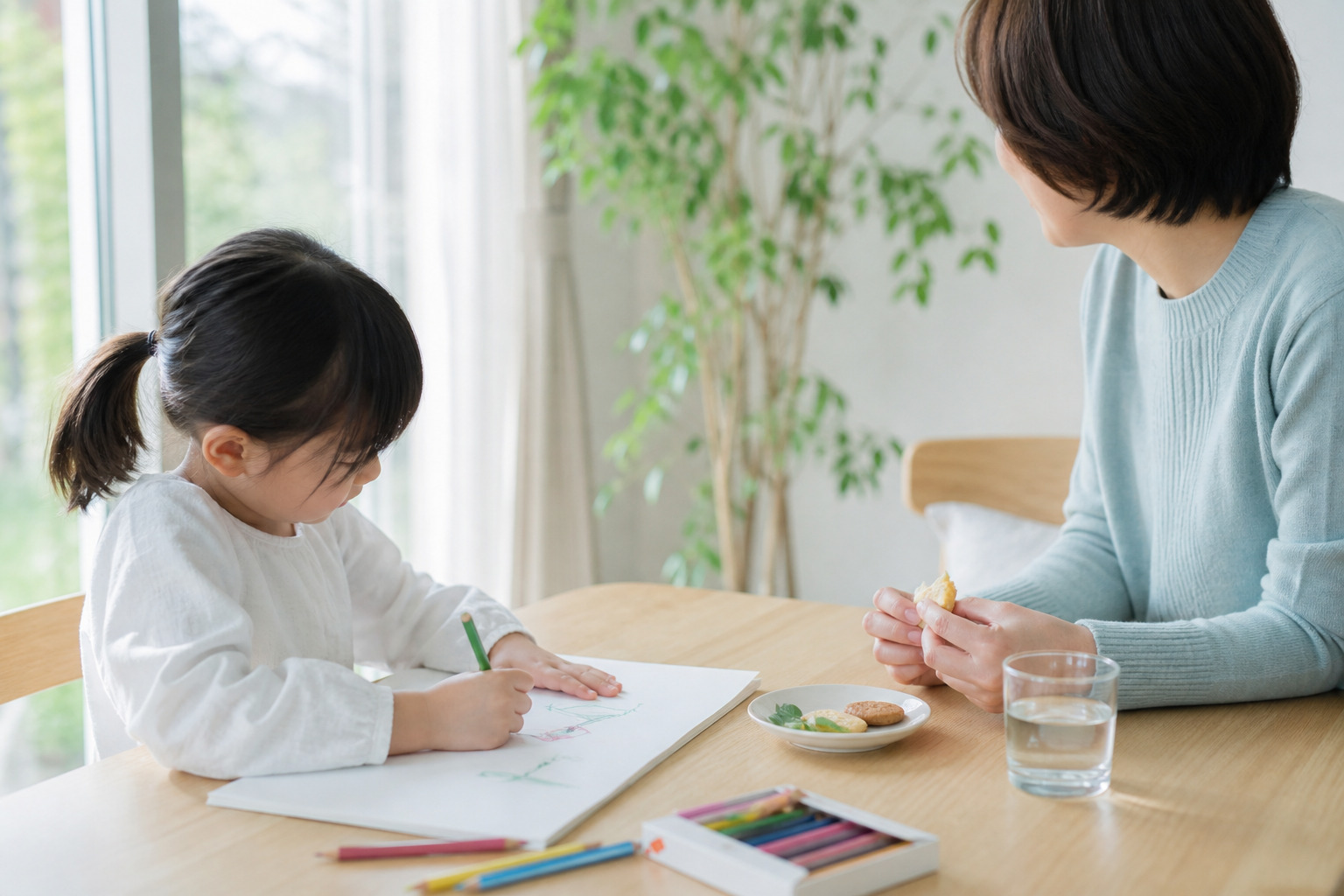 帰宅後に静かに過ごす子どもとそばにいる親