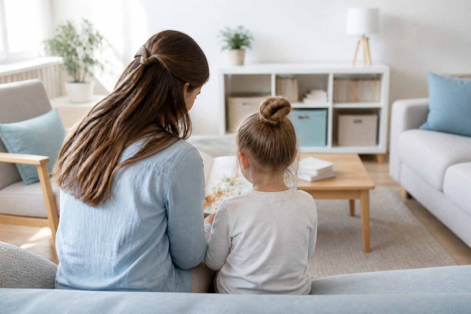 気持ちが落ち着いたあと親子で絵本を読む様子