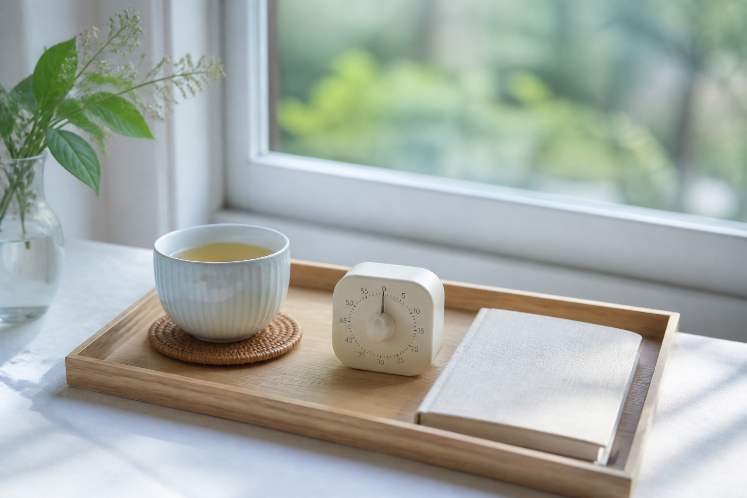 窓辺に用意したお茶と五分タイマーとノート