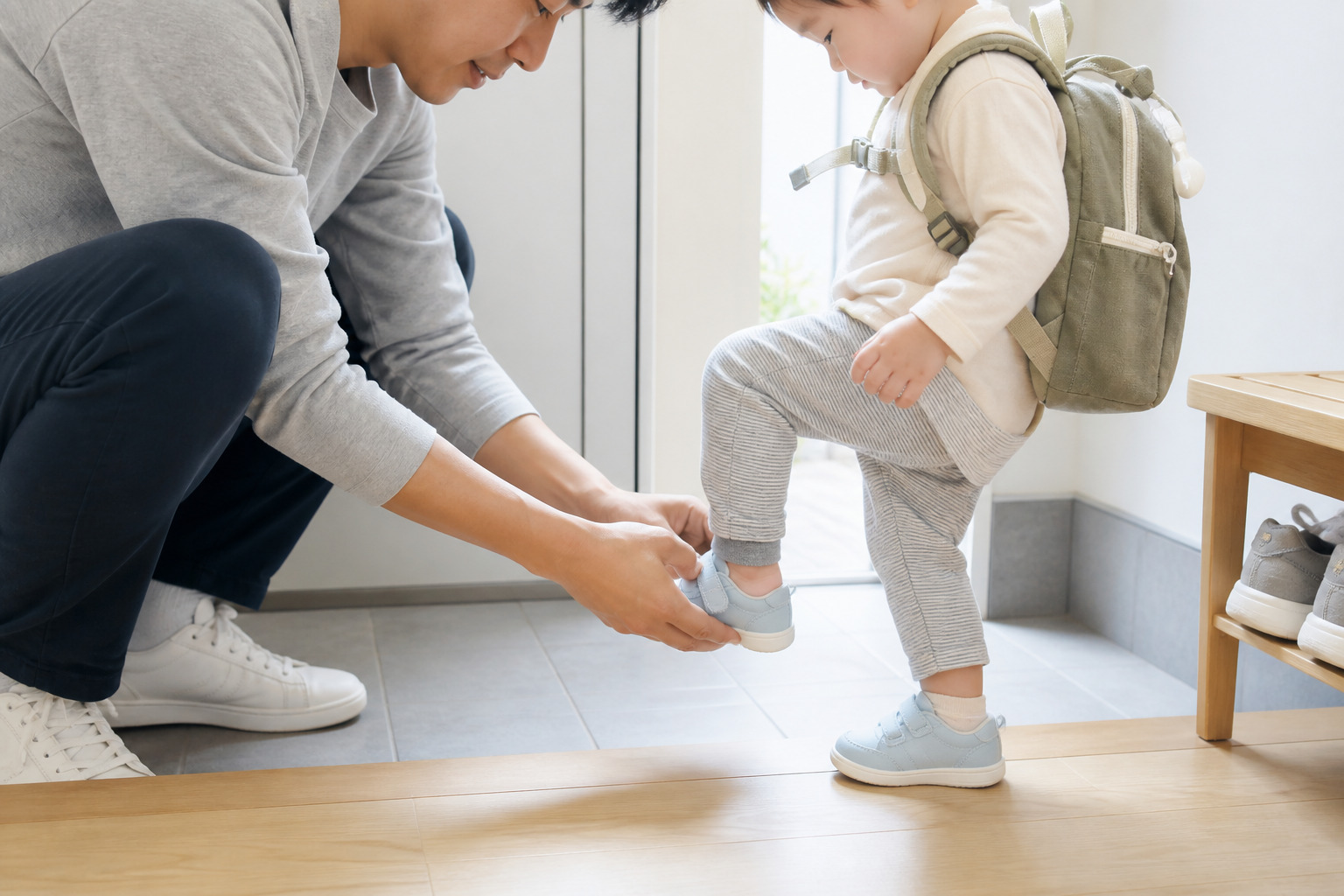 パパが子どもの靴を履かせる日常のひとこま