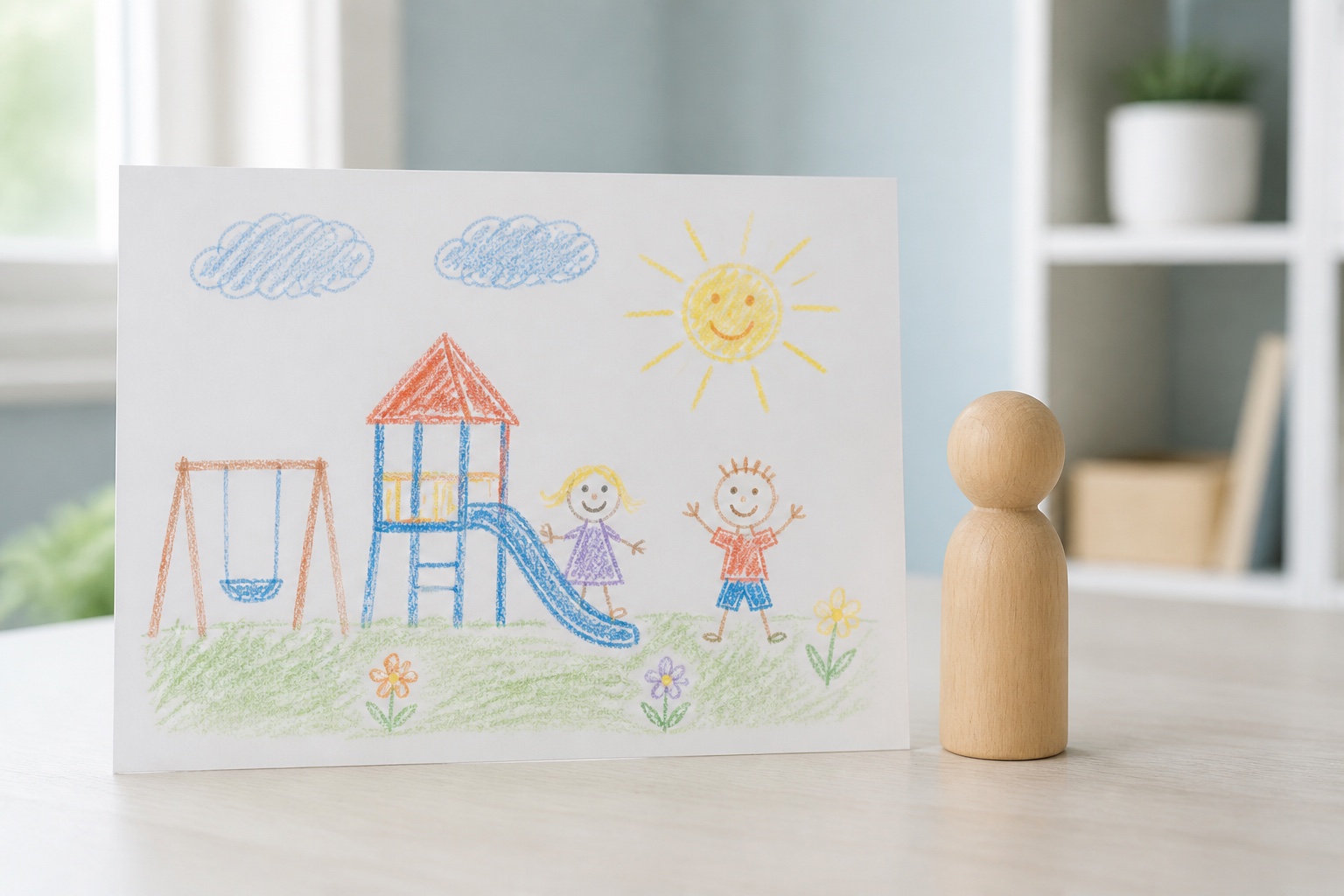 子どもが描いた遊びの思い出と木のお人形