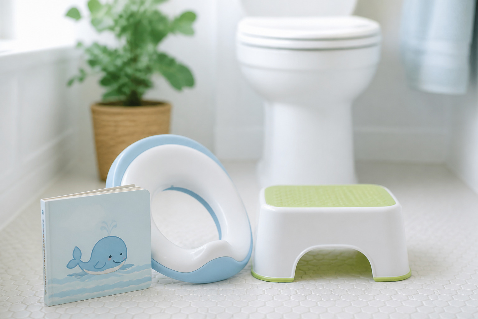トイレに準備した補助便座と踏み台と絵本